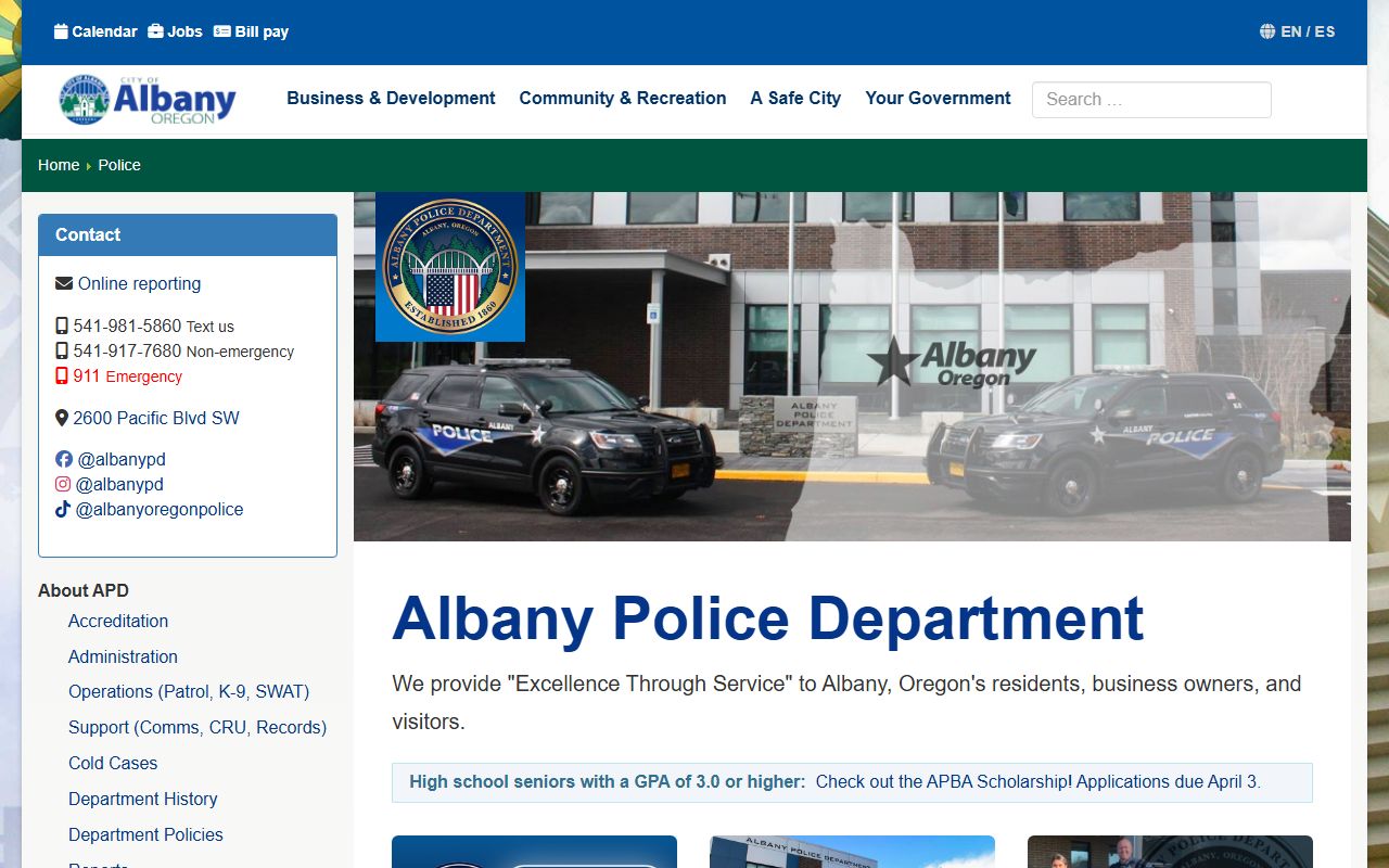 Albany Police Department information page for sex offender resources