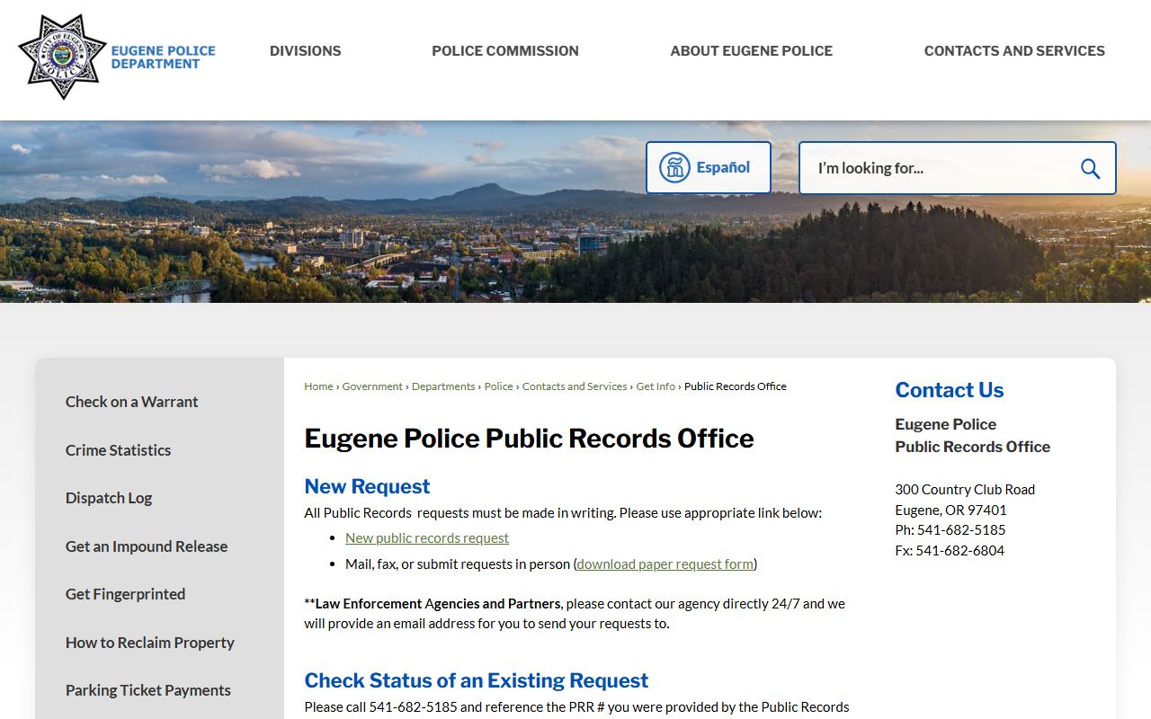 Eugene Police Department Public Records Office page