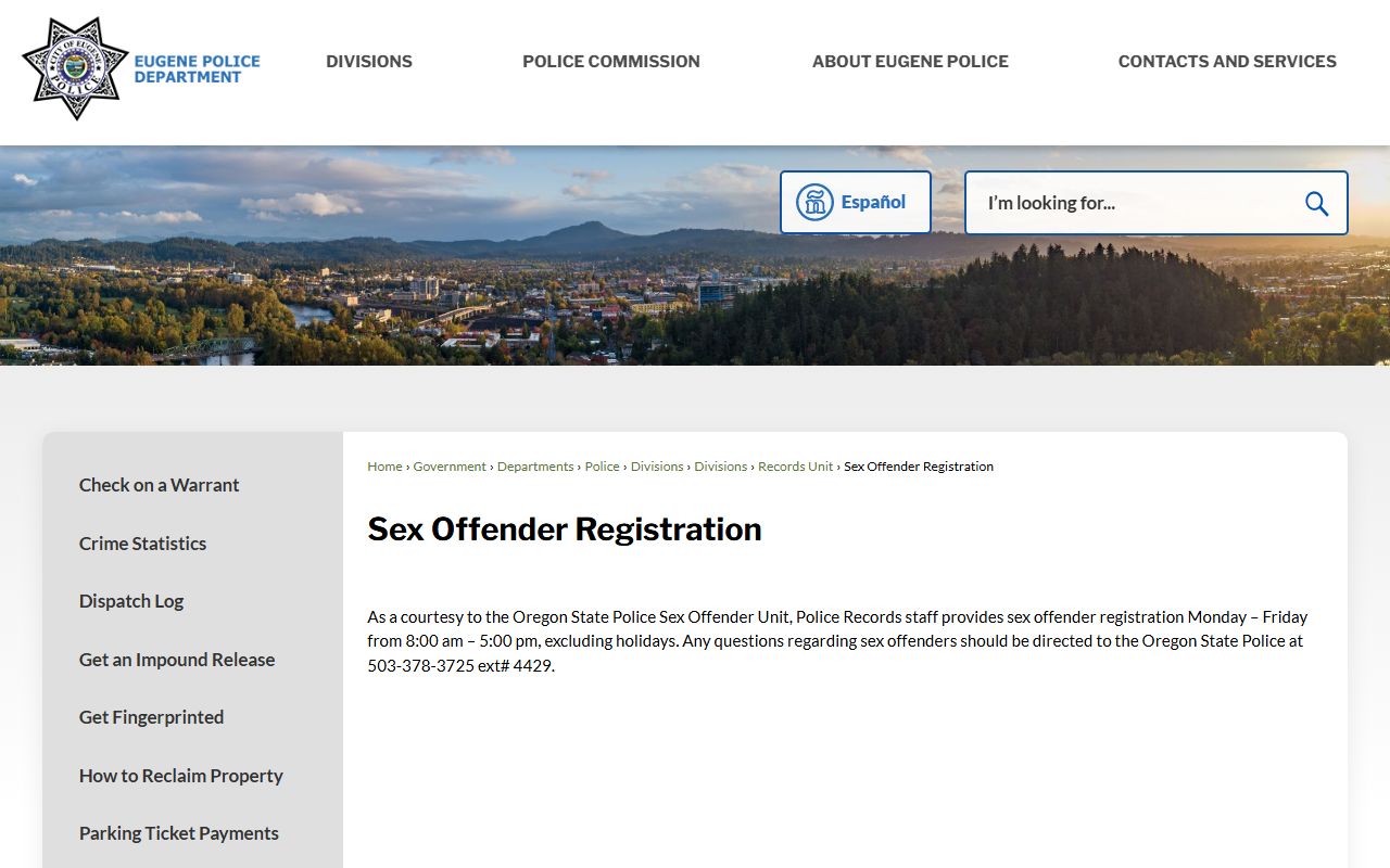 Eugene Police Department Sex Offender Registration page