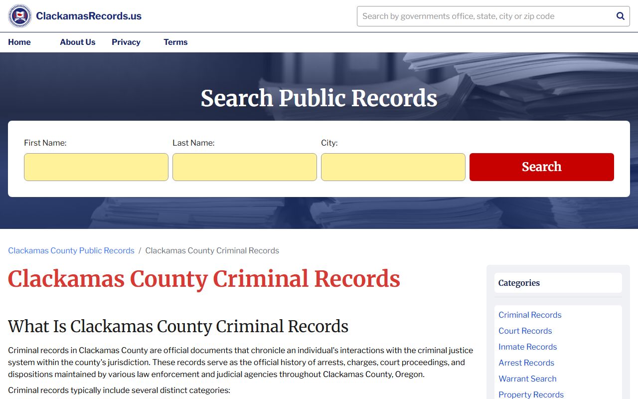 Clackamas County criminal records search page related to sex offender registry