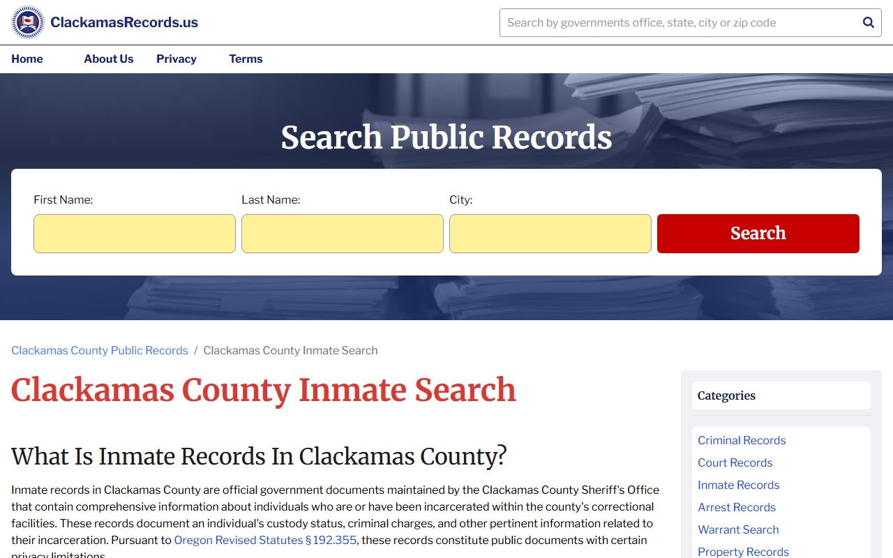 Clackamas County inmate search system for sex offender custody status
