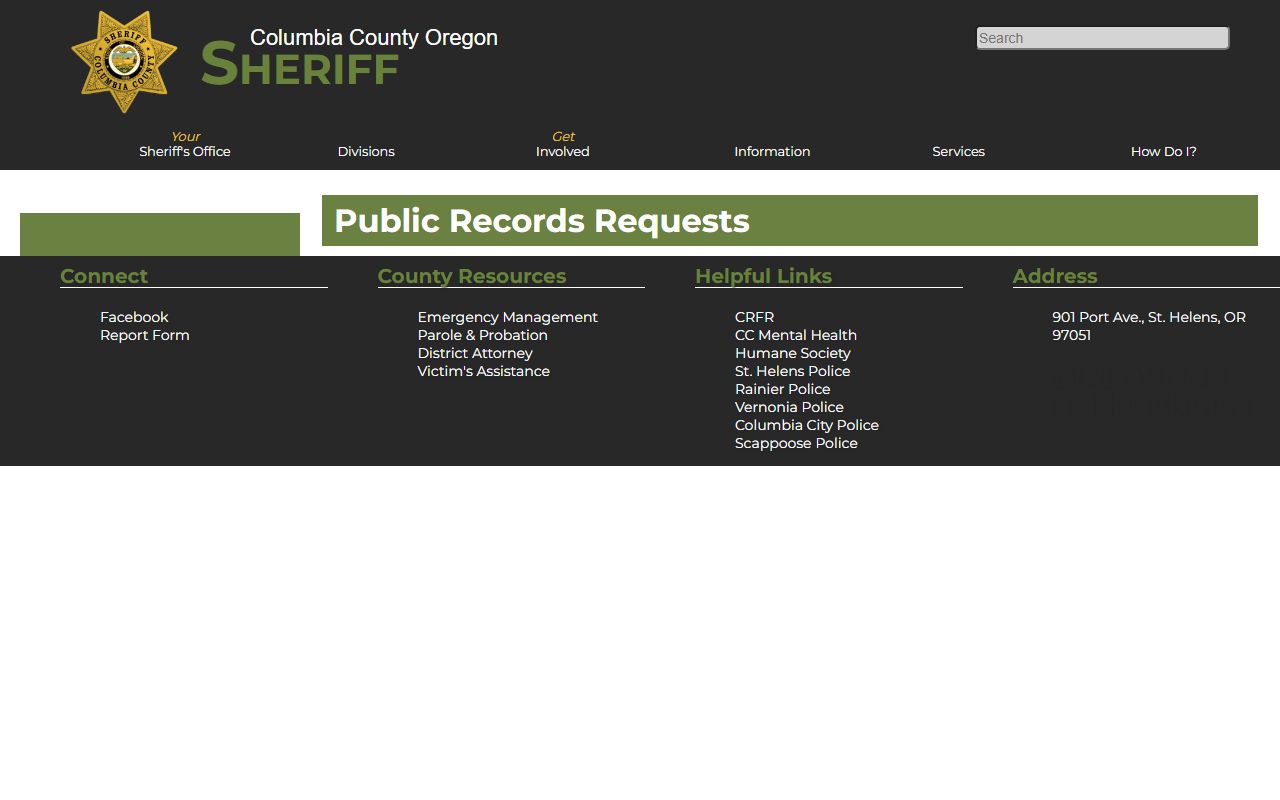 Columbia County Sheriff public records request page for Columbia County sex offender registry records