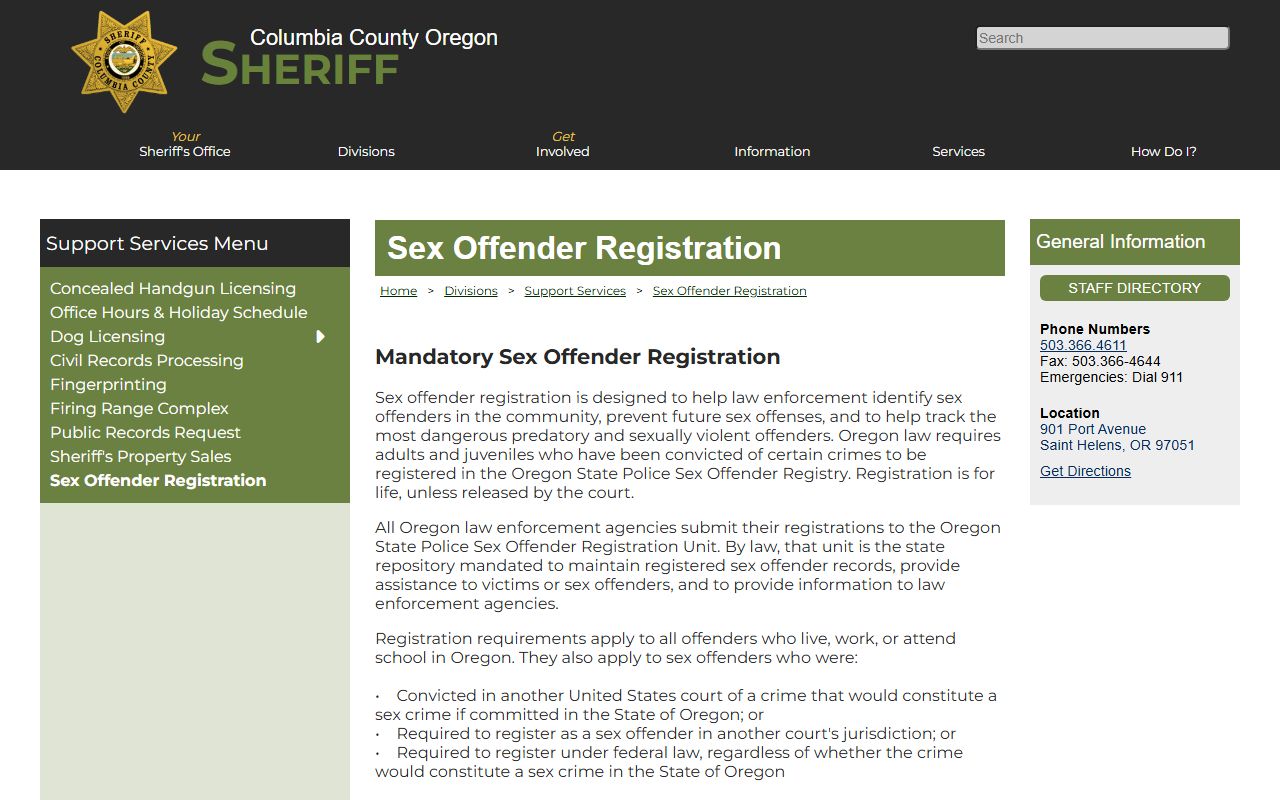 Columbia County Sheriff Sex Offender Registration page for Columbia County sex offender registry