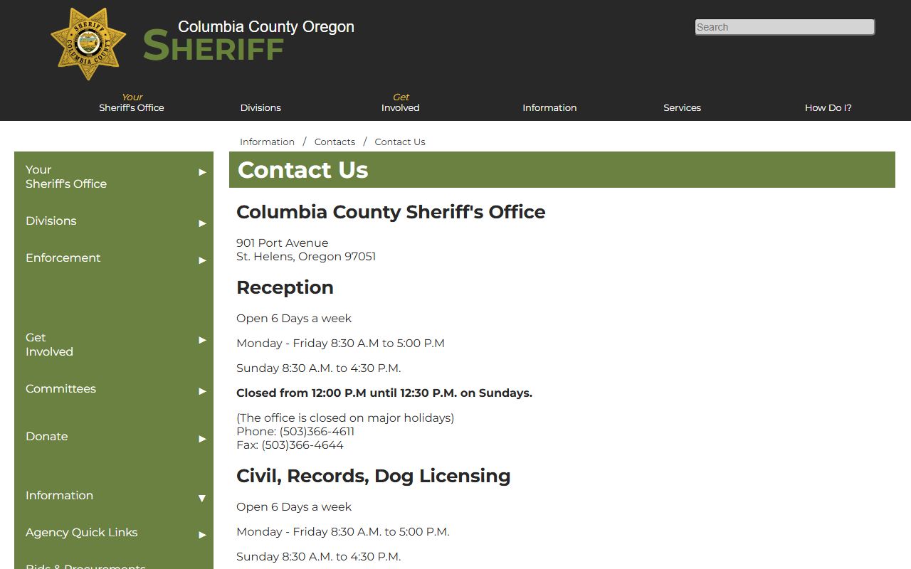 Columbia County Sheriff contact information for Columbia County sex offender registry inquiries