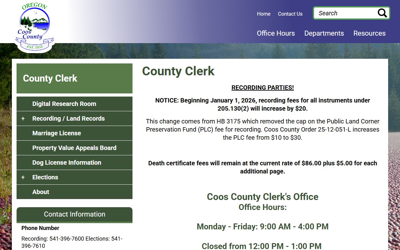 Coos County Clerk website for court and public records