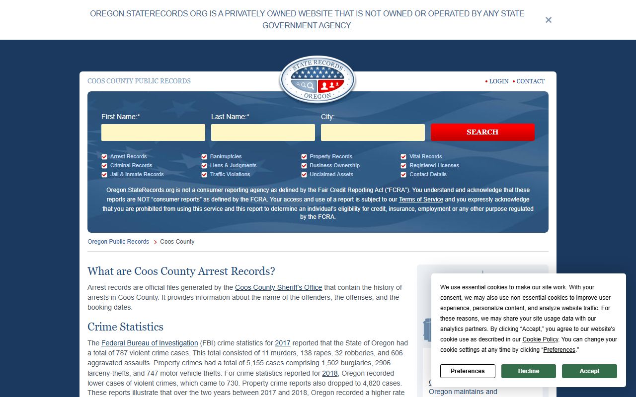 Coos County records information for sex offender registry searches