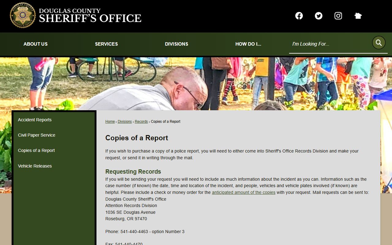 Douglas County Sheriff's Office report copy request page