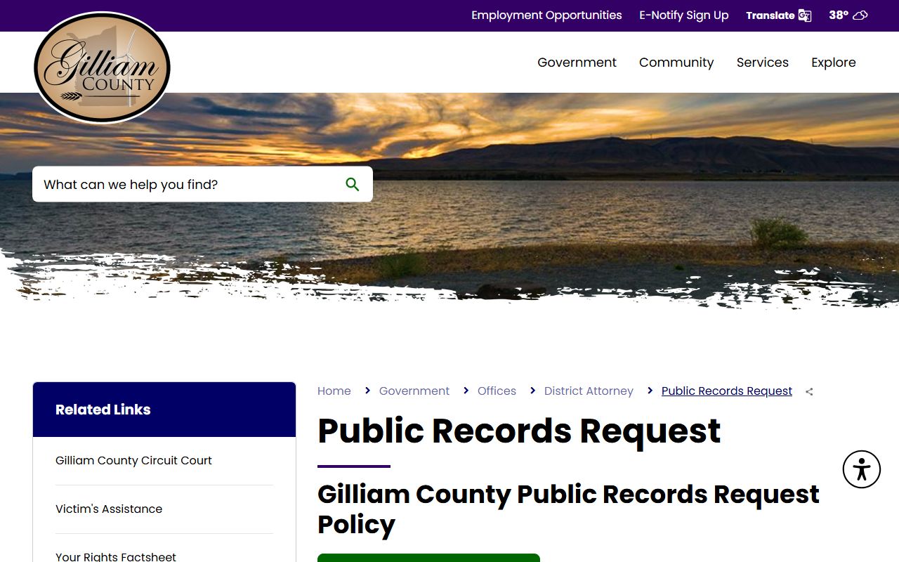 Gilliam County District Attorney public records request page for sex offender registry