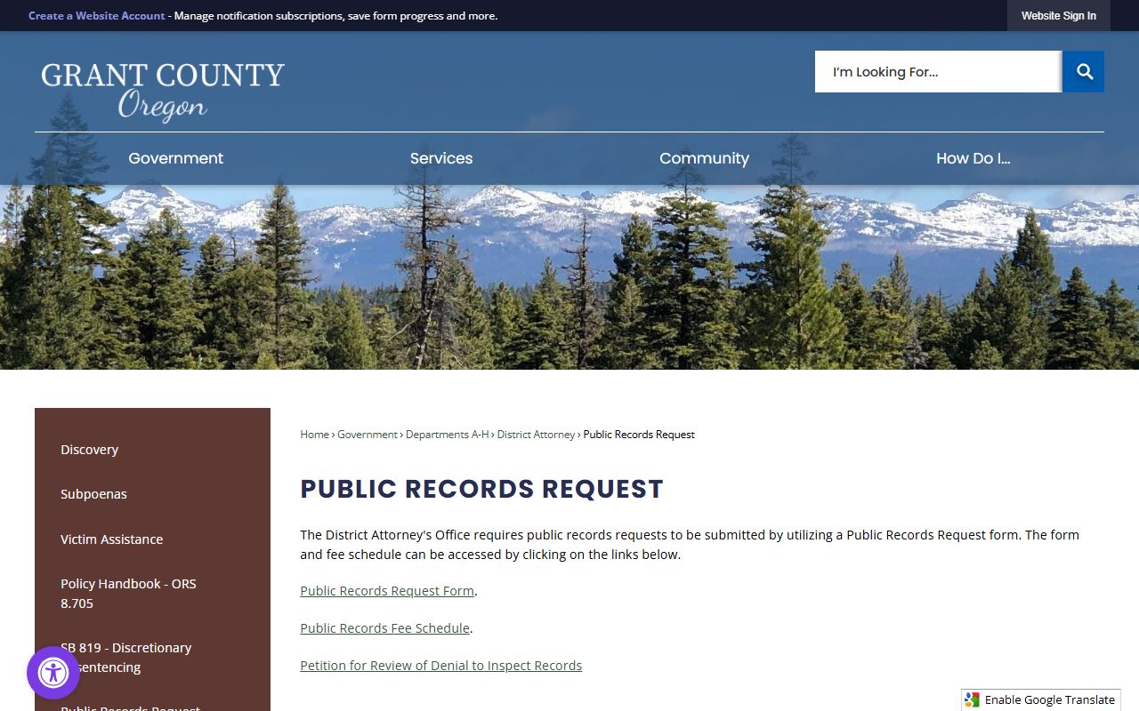 Grant County DA public records page for sex offender registry requests