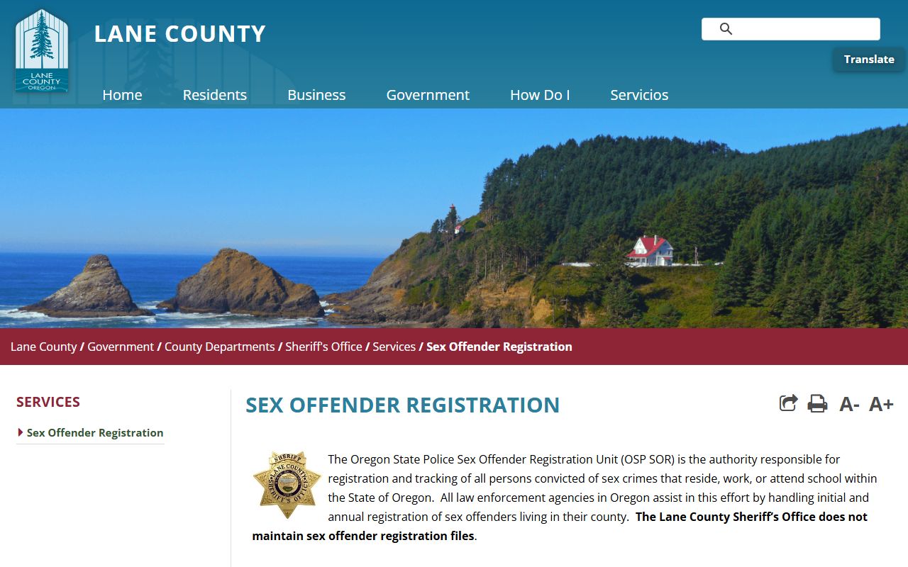 Lane County sex offender registration page on the Sheriff's Office website
