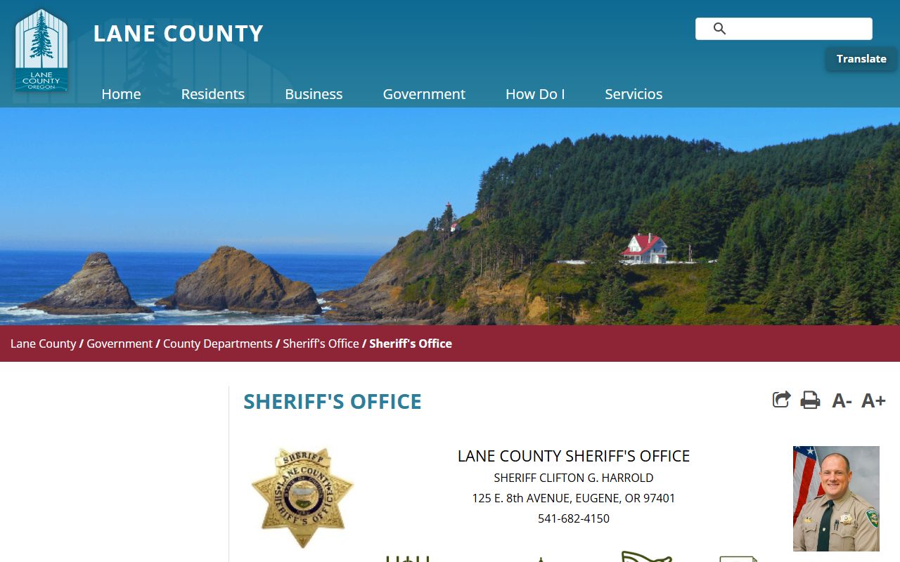 Lane County Sheriff's Office website for sex offender registration services