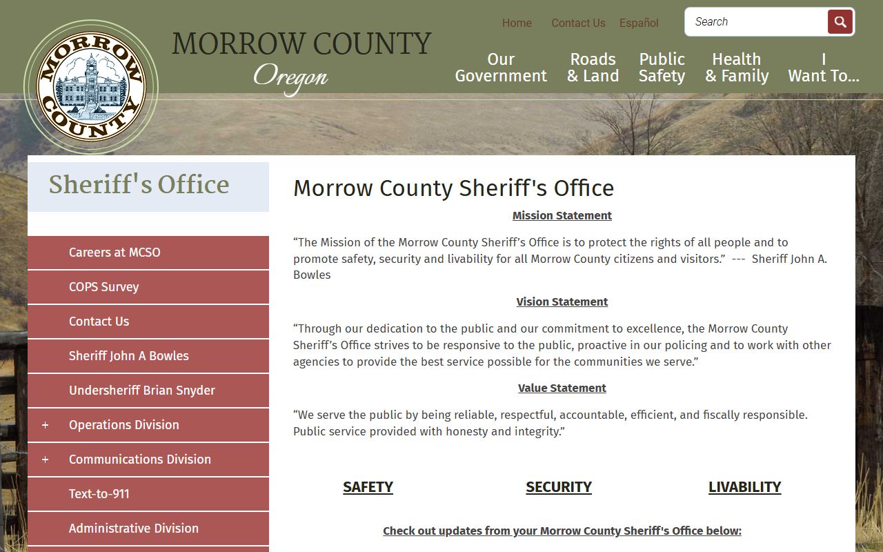 Morrow County Sheriff's Office website page for sex offender registry information