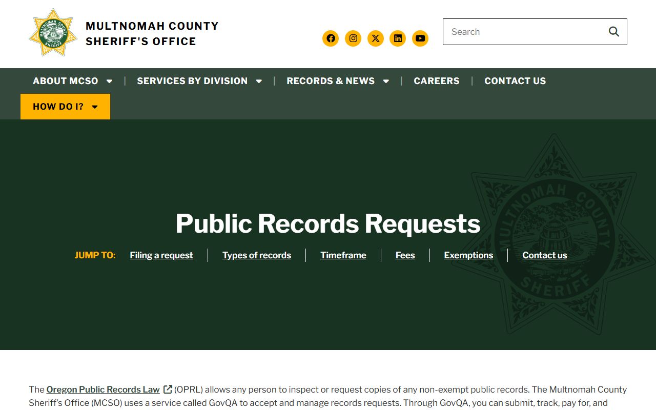 Multnomah County Sheriff public records request page for sex offender and other records