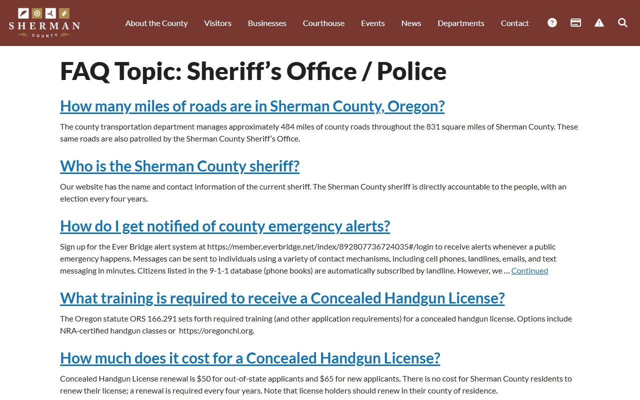 Sherman County Sheriff's Office page with contact information for sex offender inquiries