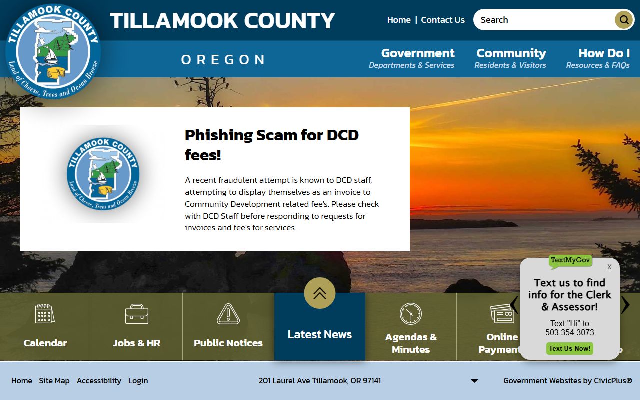 Tillamook County government website with links to sheriff and public safety departments