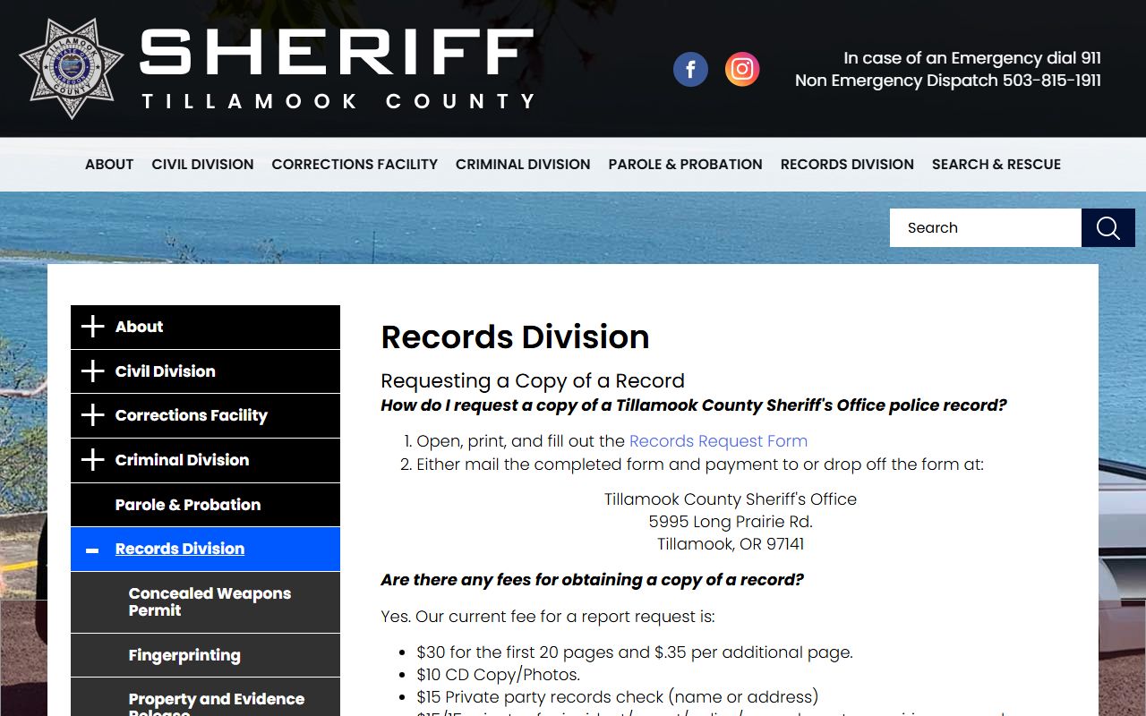 Tillamook County Sheriff Records Division page for records requests and sex offender information