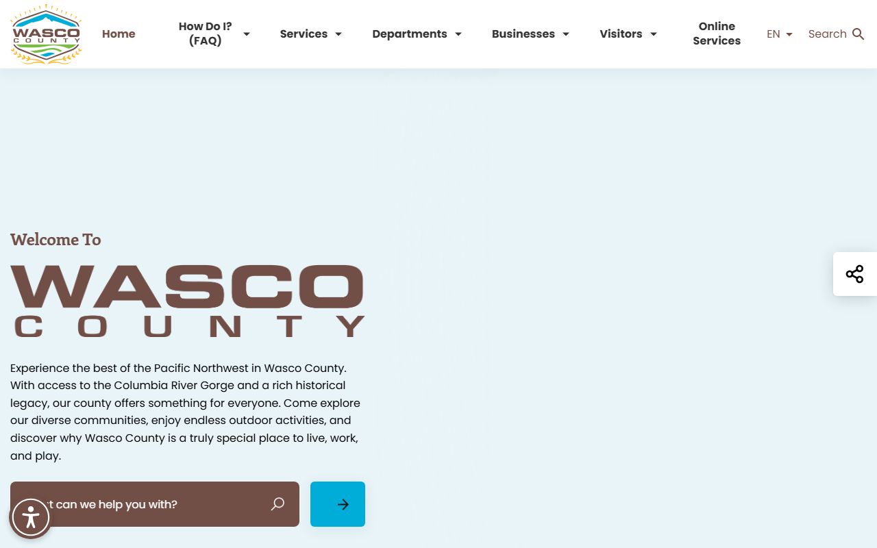 Wasco County main page showing county services and department links for residents