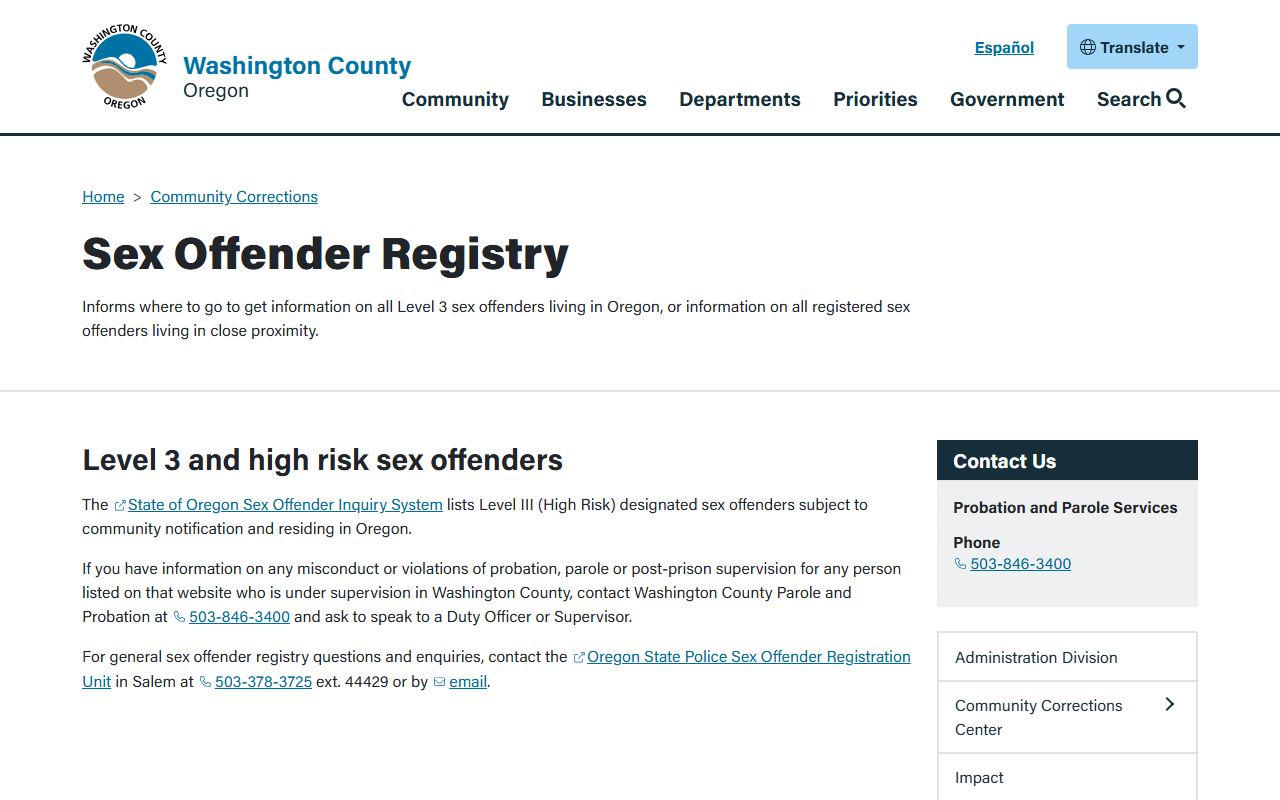 Washington County Sheriff sex offender registration page showing probation information and appointment requirements for Beaverton residents