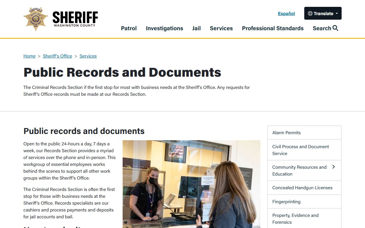 Washington County Sheriff public records and documents page showing request procedures