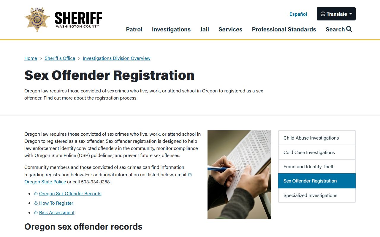 Washington County Sheriff sex offender registration page showing appointment requirements and location details for Hillsboro