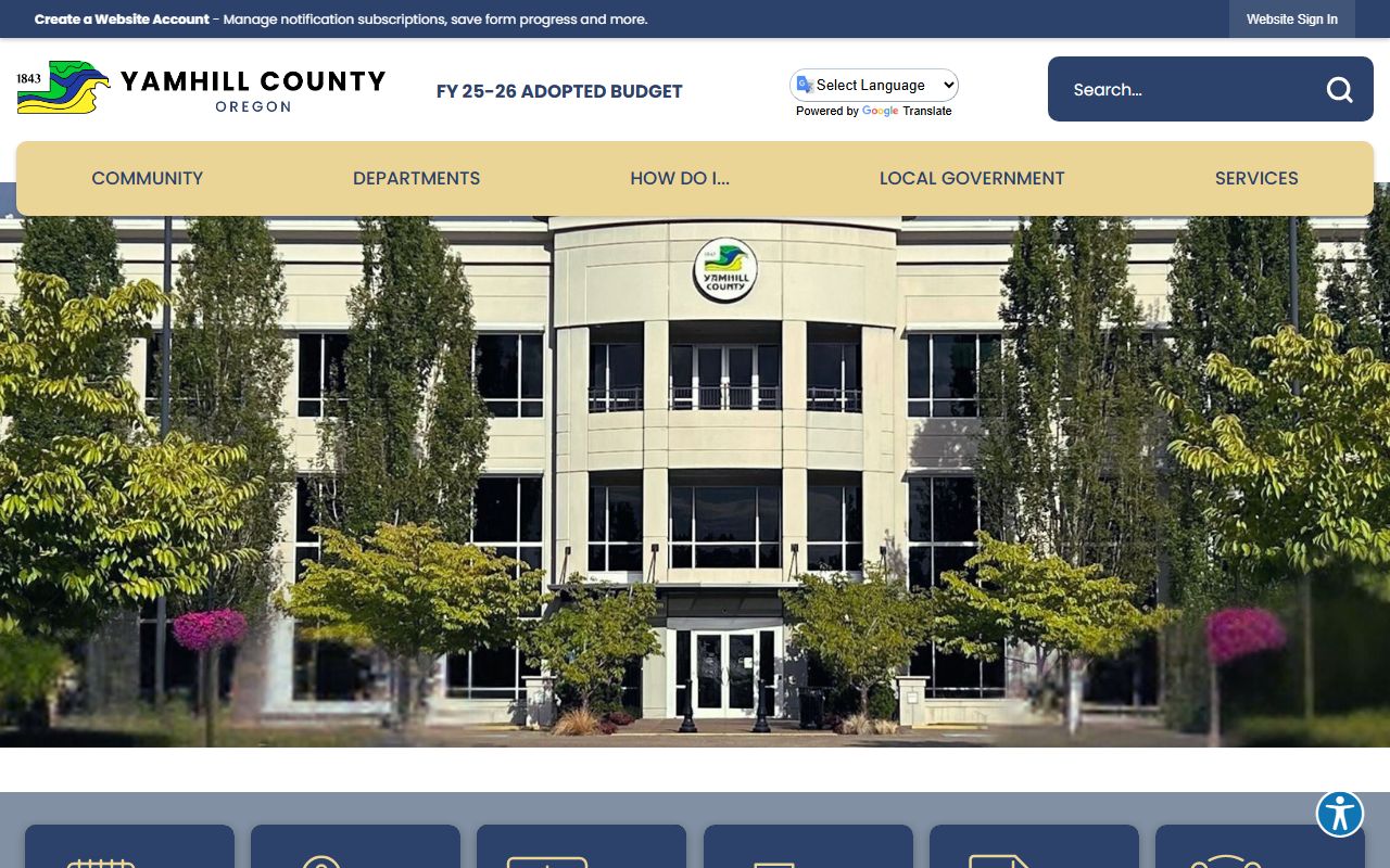 Yamhill County government website homepage with links to sheriff and county services