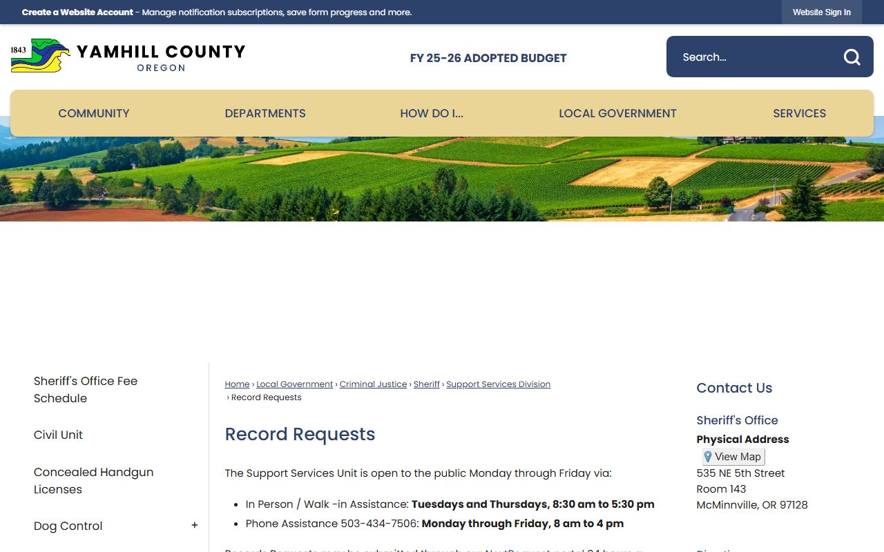 Yamhill County Sheriff record requests page with NextRequest portal information