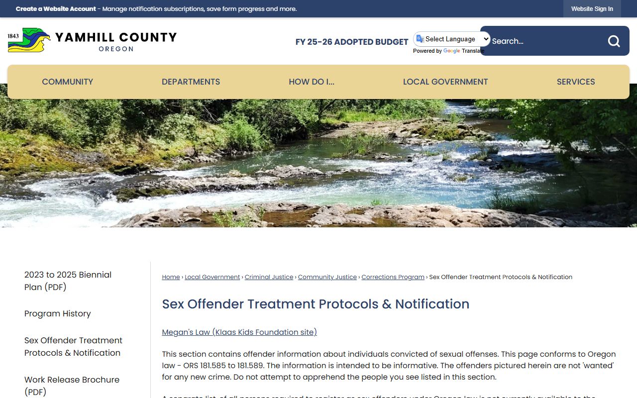 Yamhill County sex offender treatment protocols and notification page