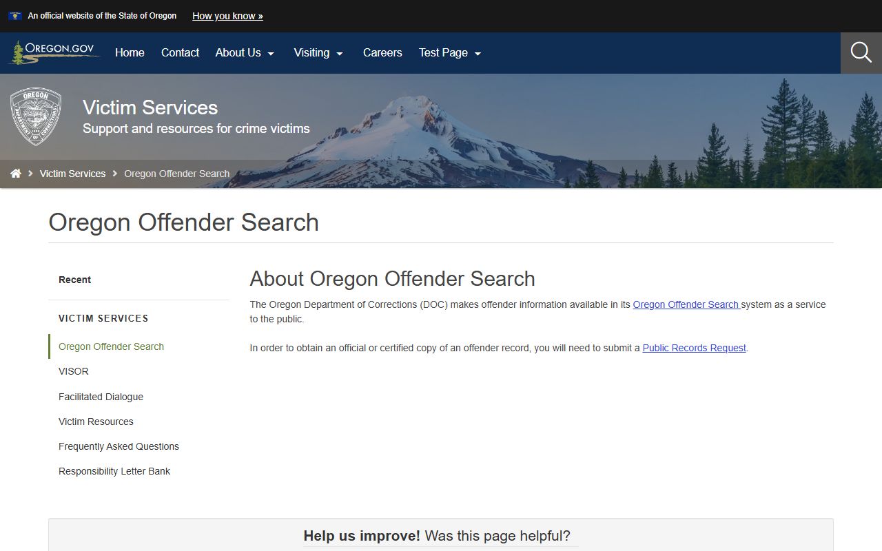 Oregon Department of Corrections offender search tool for sex offenders