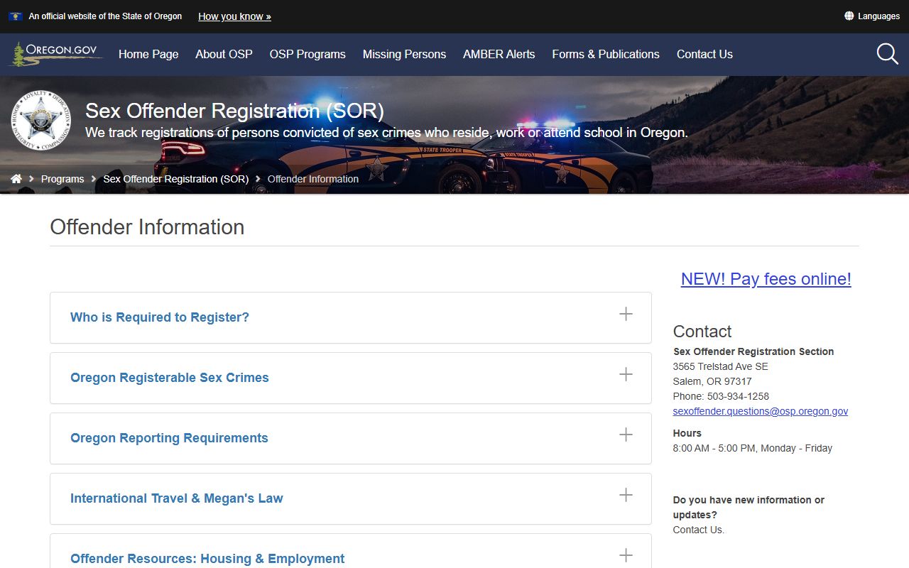Oregon State Police offender information page for sex offenders