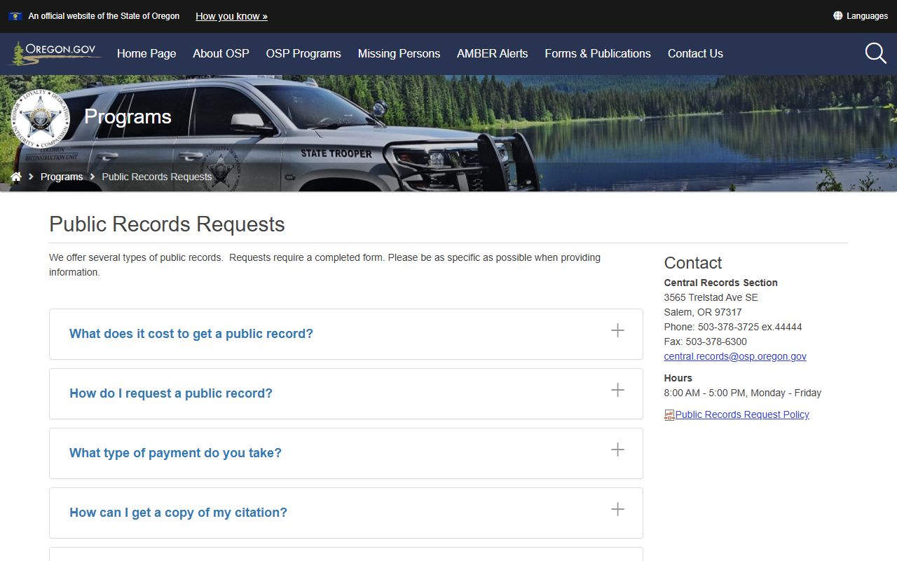 Oregon State Police public records request page for sex offender records