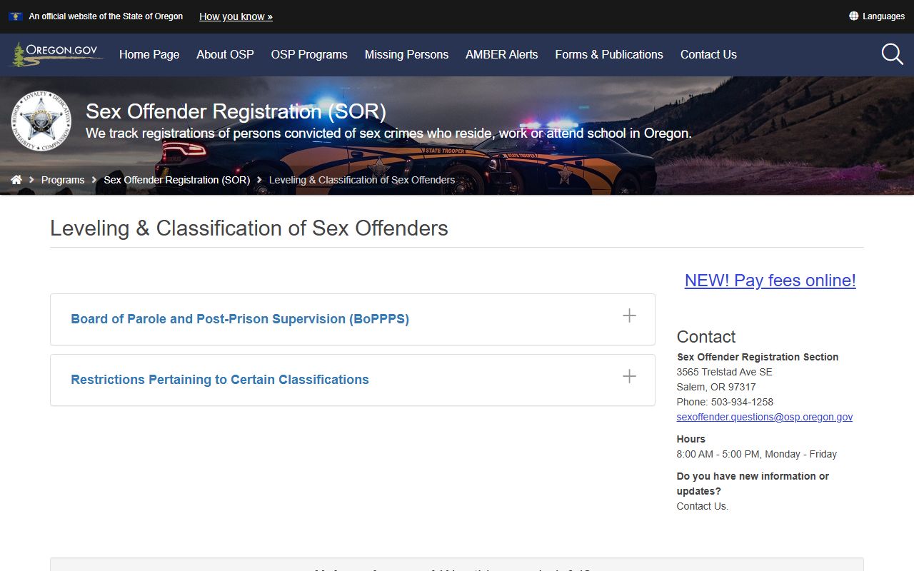 Oregon State Police sex offender statutes and laws page