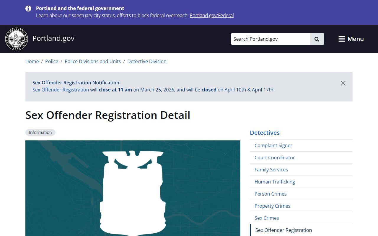 Portland Police sex offender registration page for Oregon